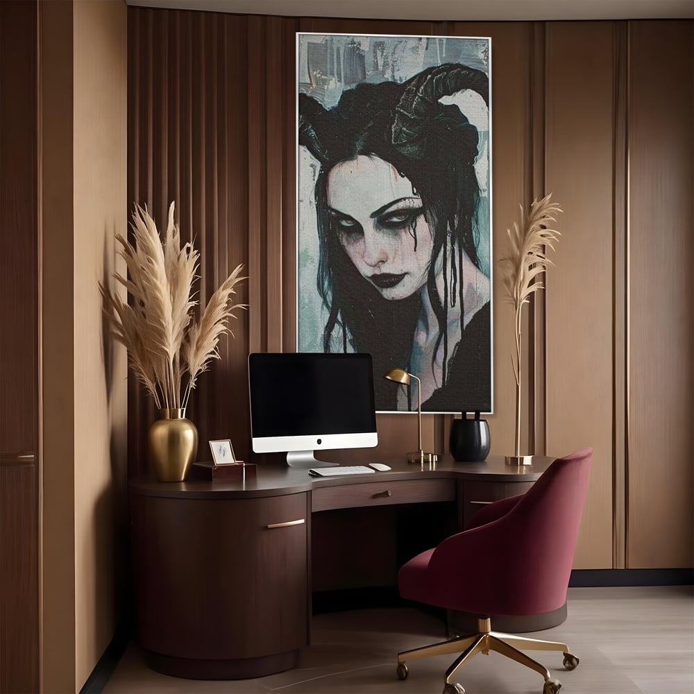 Tablou canvas cu tablou canvas cu portret gotic feminin, in rama de aluminiu argintiu, pe perete intr-un birou